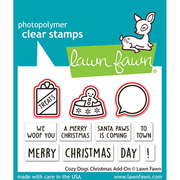 Lawn Fawn photopolymer clear stamps set featuring Christmas-themed stamp designs including a gift bag with 'TREATS', a Santa dog, a speech bubble, and holiday phrases like 'A MERRY CHRISTMAS' and 'SANTA PAWS IS COMING' on a teal and white card.
