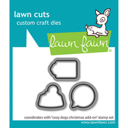 Lawn Fawn custom craft dies package featuring three metal die shapes on a white card with a teal patterned background and the Lawn Fawn logo. Lawn Fawn Cozy Dogs Christmas Add-On Dies