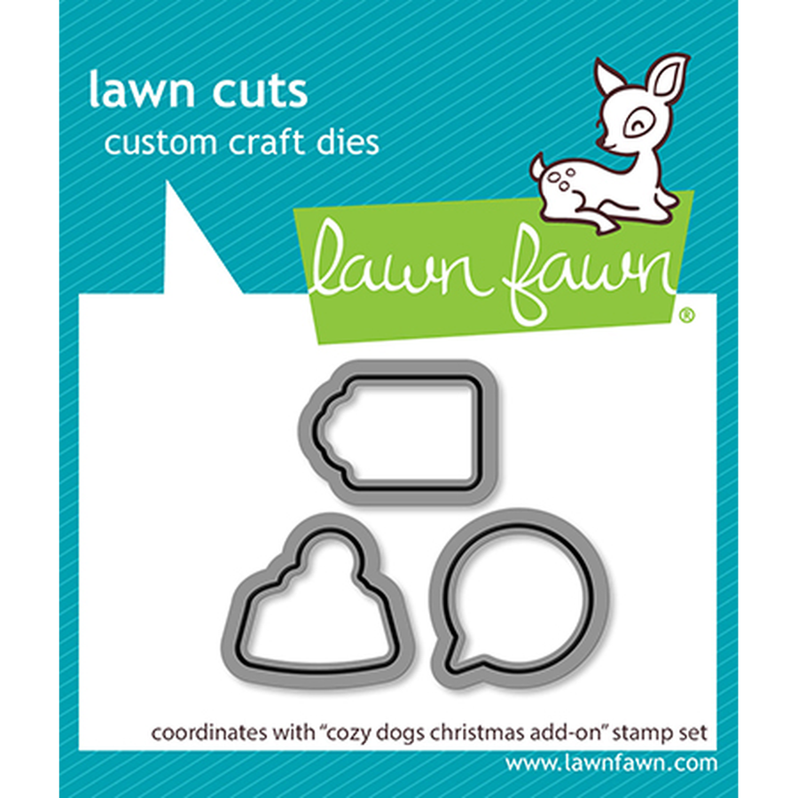 Lawn Fawn custom craft dies package featuring three metal die shapes on a white card with a teal patterned background and the Lawn Fawn logo. Lawn Fawn Cozy Dogs Christmas Add-On Dies