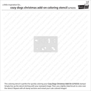 A product information card for a 'cozy dogs Christmas add-on coloring stencil' by Raven Creations. The card features a faint gray stencil template in the center, surrounded by descriptive text and watermarked with 'Raven Creations' to protect the intellectual property of the coloring pages.