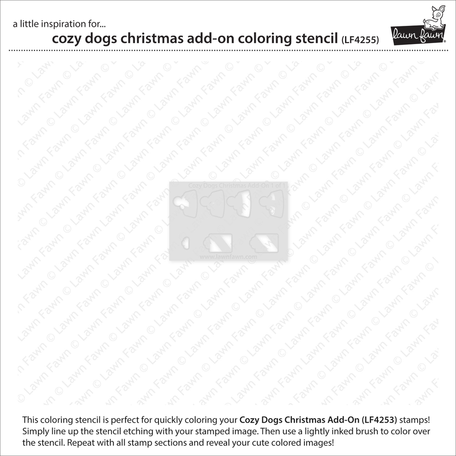 A product information card for a 'cozy dogs Christmas add-on coloring stencil' by Raven Creations. The card features a faint gray stencil template in the center, surrounded by descriptive text and watermarked with 'Raven Creations' to protect the intellectual property of the coloring pages.