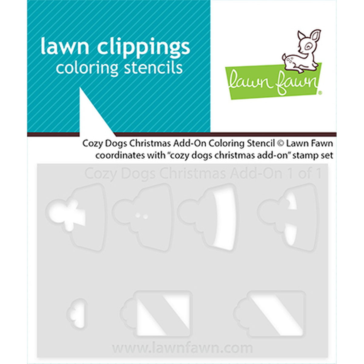 Lawn Fawn Cozy Dogs Christmas Add-On Coloring Stencil packaging, showing six white stencil shapes on a light gray sheet against a white and teal card background.