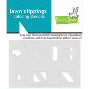 Lawn Fawn Cozy Dogs Christmas Add-On Coloring Stencil packaging, showing six white stencil shapes on a light gray sheet against a white and teal card background.