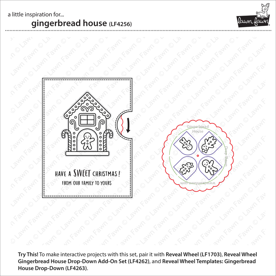 Instructional graphic for a gingerbread house craft set, showing a black-and-white gingerbread house printable/card design on the left and a circular reveal wheel with four house illustrations on the right. Text explains how to pair the set and includes the brand name Lawn Fawn.