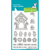 Lawn Fawn photopolymer clear stamps in the Gingerbread House collection, featuring a large gingerbread house, smaller gingerbread figures, candy canes, ornaments, and holiday phrases on a teal and white backing card. Lawn Fawn Gingerbread House Stamps
