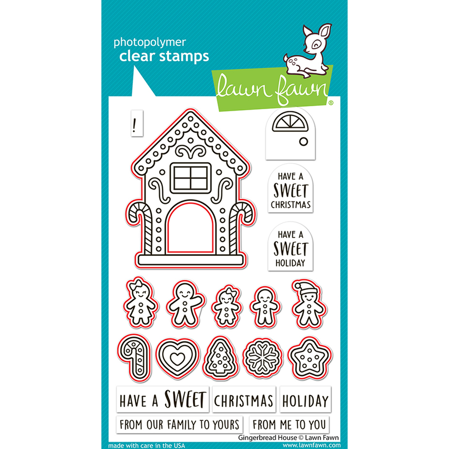 Lawn Fawn photopolymer clear stamps featuring a gingerbread house, candy canes, gingerbread people, holiday icons, and festive text phrases on a teal and white backing card. There are red lines to show the stamps that the coordinating dies cut out. Lawn Fawn Gingerbread House Dies