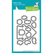 Lawn Fawn custom craft dies set in a white packaging card with a teal border. The set includes various die-cut shapes such as clouds, hearts, and a gingerbread house outline, with the Lawn Fawn logo at the top and a website URL at the bottom. Lawn Fawn Gingerbread House Dies