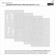 Gingerbread house coloring stencils from Lawn Fawn, shown as four overlapping translucent stencil sheets on a white background with product text and branding.