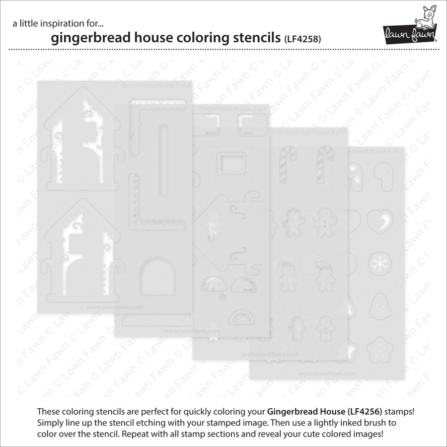 Gingerbread house coloring stencils from Lawn Fawn, shown as four overlapping translucent stencil sheets on a white background with product text and branding.
