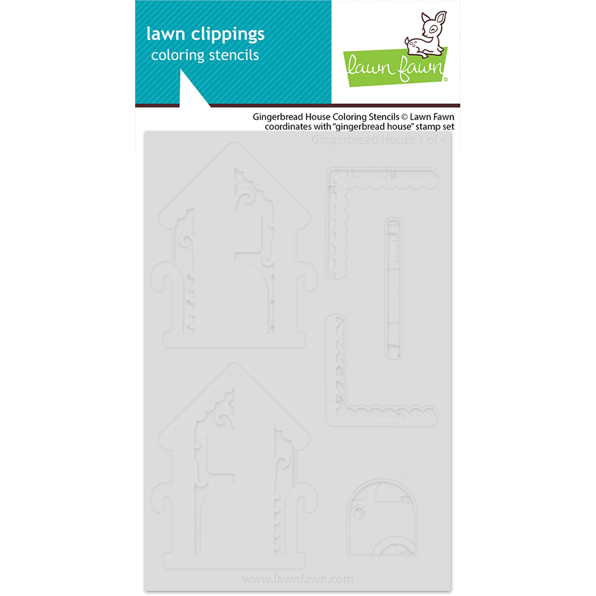 Lawn Fawn coloring stencil packaging with branding on a white background. Lawn Fawn Gingerbread House Coloring Stencils