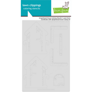 Lawn Fawn coloring stencil packaging with branding on a white background. Lawn Fawn Gingerbread House Coloring Stencils