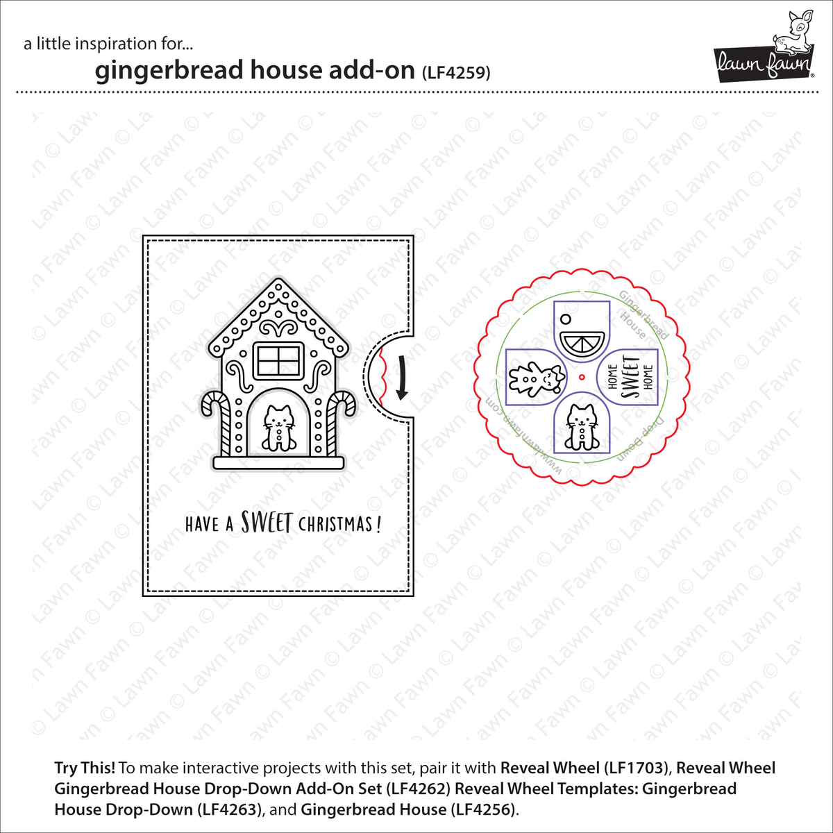 A product information card for a gingerbread house add-on stamp set. The card shows the black line-art design of a decorated gingerbread house with the text 'HAVE A SWEET CHRISTMAS!' and a circular reveal-wheel preview showing the stamped design elements.