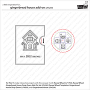 A product information card for a gingerbread house add-on stamp set. The card shows the black line-art design of a decorated gingerbread house with the text 'HAVE A SWEET CHRISTMAS!' and a circular reveal-wheel preview showing the stamped design elements.