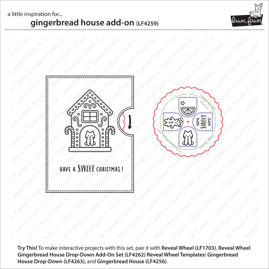 A product information card for a gingerbread house add-on stamp set. The card shows the black line-art design of a decorated gingerbread house with the text 'HAVE A SWEET CHRISTMAS!' and a circular reveal-wheel preview showing the stamped design elements.