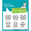 Lawn Fawn photopolymer clear stamps package featuring gingerbread house and animal designs on a teal and white card with the Lawn Fawn logo. Lawn Fawn Gingerbread House Add-On Stamps