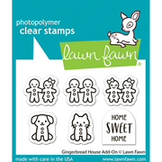 Lawn Fawn photopolymer clear stamps package featuring gingerbread house and animal designs on a teal and white card with the Lawn Fawn logo. Lawn Fawn Gingerbread House Add-On Stamps