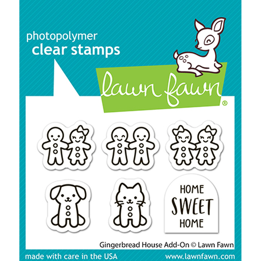 Lawn Fawn photopolymer clear stamps package featuring gingerbread house and animal designs on a teal and white card with the Lawn Fawn logo. Lawn Fawn Gingerbread House Add-On Stamps