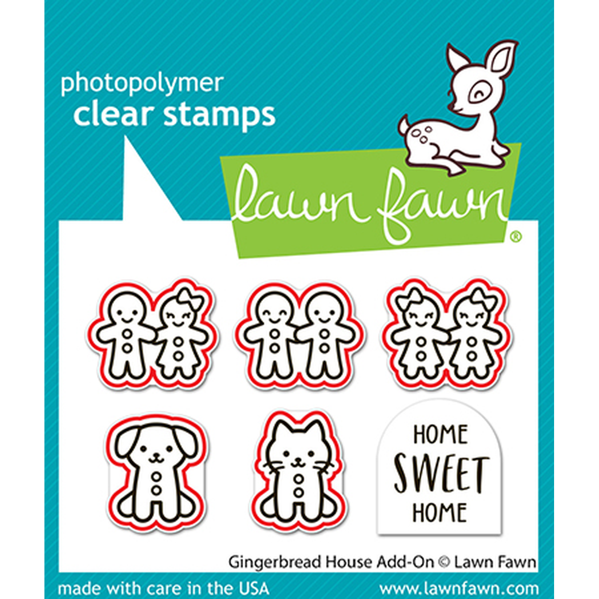 Lawn Fawn product sheet featuring gingerbread house and dog doghouse add-on stamps with a white deer logo on a teal and white card. Red outlines are shown around the stamps that the coordinating dies die-cut. Lawn Fawn Gingerbread House Add-On Dies