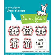 Lawn Fawn product sheet featuring gingerbread house and dog doghouse add-on stamps with a white deer logo on a teal and white card. Red outlines are shown around the stamps that the coordinating dies die-cut. Lawn Fawn Gingerbread House Add-On Dies