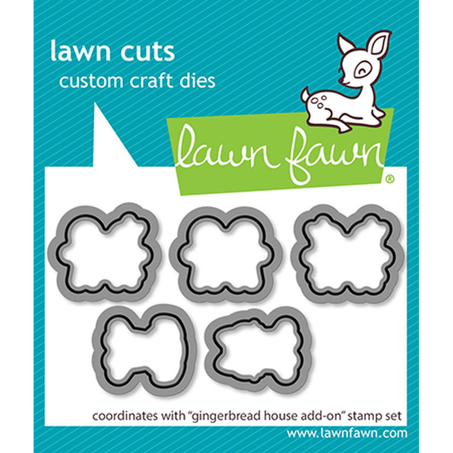 Lawn Fawn custom craft dies set in a teal and white retail card package, featuring five scalloped circular die shapes and a small deer illustration. Lawn Fawn Gingerbread House Add-On Dies