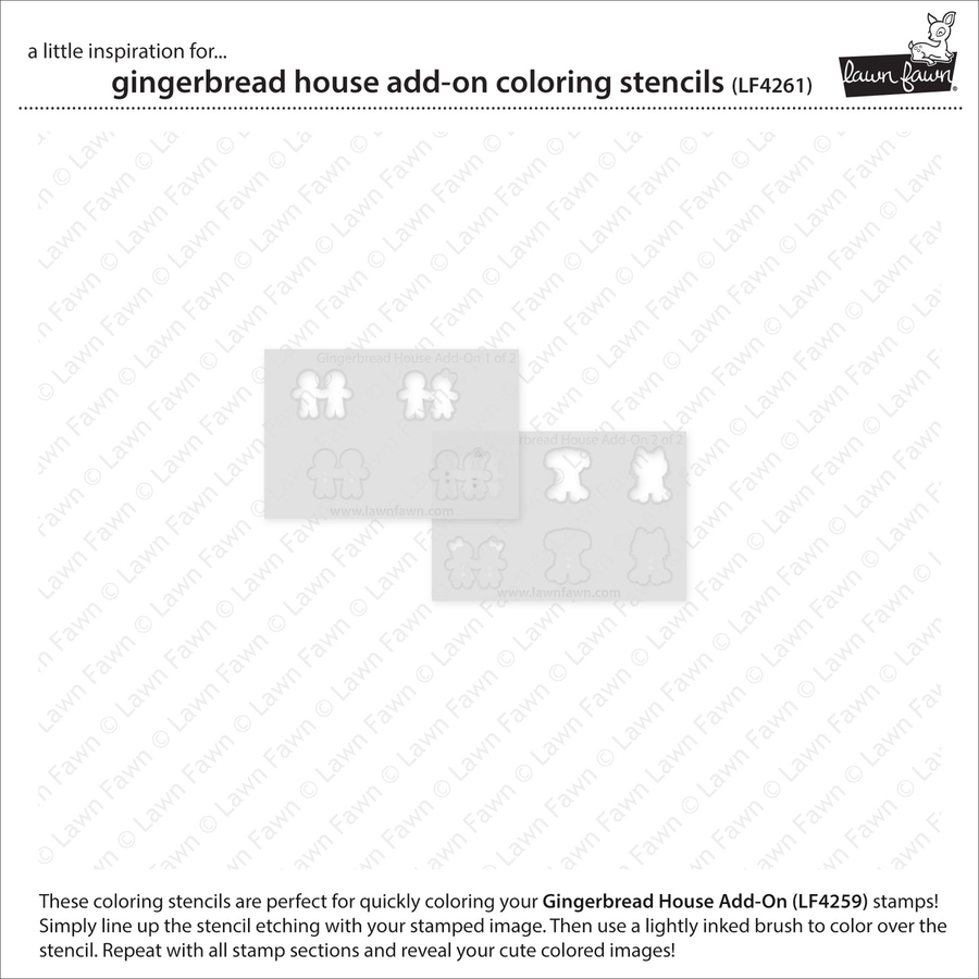 A product information card for Lawn Fawn gingerbread house add-on coloring stencils, showing two gray stencil templates with stamped and etched sections, plus text and branding on a white background.