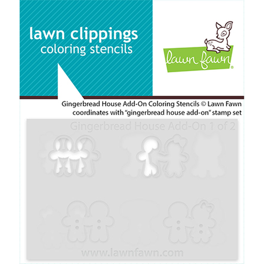 Lawn Fawn gingerbread house add-on coloring stencils package, showing white die-cut stencil shapes on a light gray sheet with a teal and white header card.