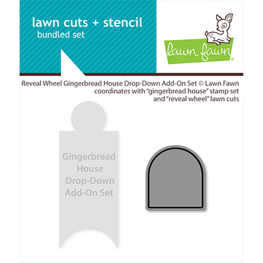 Lawn Fawn 'lawn cuts + stencil' bundled set packaging showing a gingerbread house drop-down add-on set with a gray stencil and a white shaped piece, plus the Lawn Fawn logo. Lawn Fawn Reveal Wheel Gingerbread House Drop-Down Add-On Dies