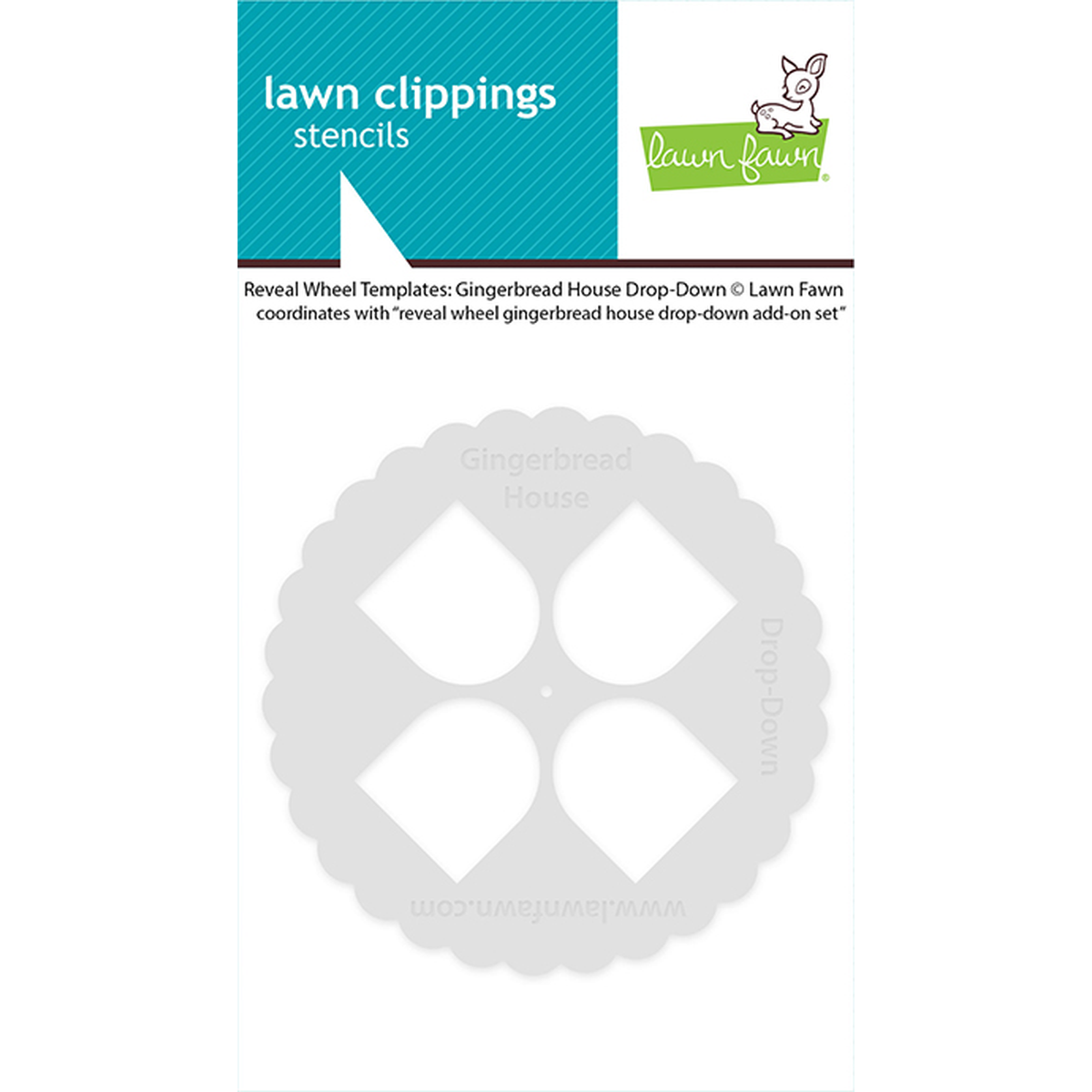 Lawn Fawn 'Reveal Wheel Templates' for gingerbread house drop-down, showing a circular scalloped stencil with four diamond-shaped cutouts on a white background with product packaging header. Lawn Fawn Reveal Wheel Templates: Gingerbread House Drop-Down