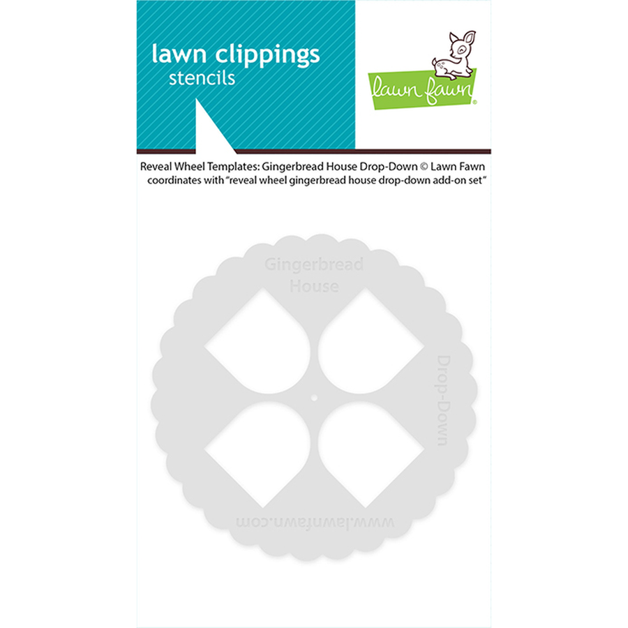 Lawn Fawn 'Reveal Wheel Templates' for gingerbread house drop-down, showing a circular scalloped stencil with four diamond-shaped cutouts on a white background with product packaging header. Lawn Fawn Reveal Wheel Templates: Gingerbread House Drop-Down