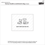 A product information card for a sentiment stamp set. The card shows a sample stamp design featuring a cartoon dog sitting next to a sleeping dog with a speech bubble that says 'BEST TO YOU' and the text 'SORRY THINGS HAVE BEEN PUFF' below.