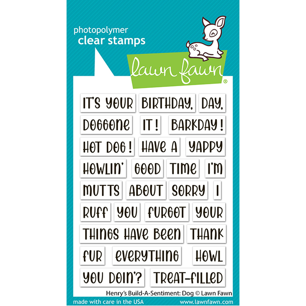 Lawn Fawn photopolymer clear stamps card featuring a white sheet of rectangular stamp blocks with humorous dog-themed phrases, set against a teal background with the Lawn Fawn logo and a small white deer illustration. Lawn Fawn Henry's Build-A-Sentiment: Dog Stamps