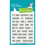 Lawn Fawn photopolymer clear stamps card featuring a white sheet of rectangular stamp blocks with humorous dog-themed phrases, set against a teal background with the Lawn Fawn logo and a small white deer illustration. Lawn Fawn Henry's Build-A-Sentiment: Dog Stamps