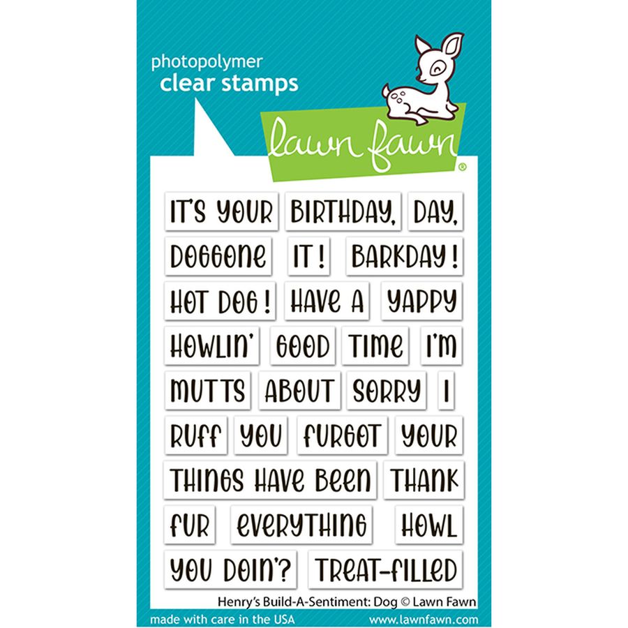 Lawn Fawn photopolymer clear stamps card featuring a white sheet of rectangular stamp blocks with humorous dog-themed phrases, set against a teal background with the Lawn Fawn logo and a small white deer illustration. Lawn Fawn Henry's Build-A-Sentiment: Dog Stamps