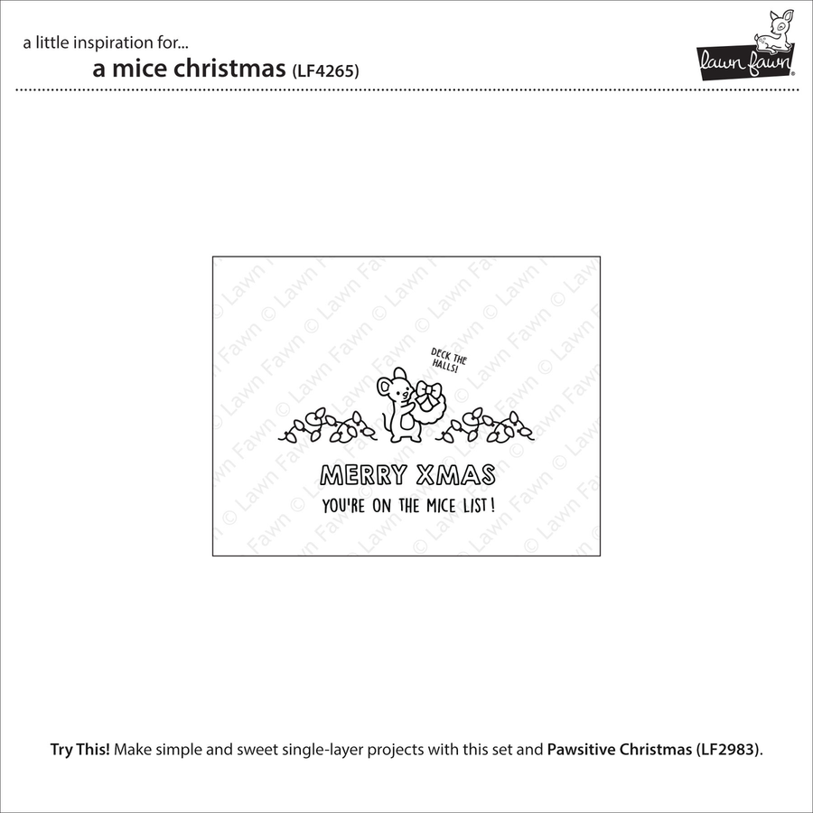 A black and white line art Christmas stamp design preview on a white background, showing a cute mouse family with the text 'MERRY XMAS YOU'RE ON THE MICE LIST!' and faint repeated Lawn Fawn watermarks. Lawn Fawn A Mice Christmas Stamps