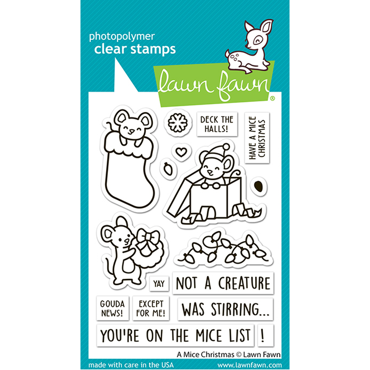 Lawn Fawn photopolymer clear stamps featuring cute mouse illustrations and Christmas-themed phrases on a white sheet with a teal backing card. Lawn Fawn - A Mice Christmas Stamps