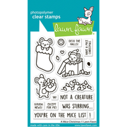 Lawn Fawn photopolymer clear stamps featuring cute mouse illustrations and Christmas-themed phrases on a white sheet with a teal backing card. Lawn Fawn - A Mice Christmas Stamps