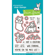 Lawn Fawn photopolymer clear stamps in the 'A Mice Christmas' collection, featuring various mouse-themed die-cut stamps and text elements on a white backing card with a teal header. Red lines show the images that the coordinating dies die-cut. Lawn Fawn A Mice Christmas Dies