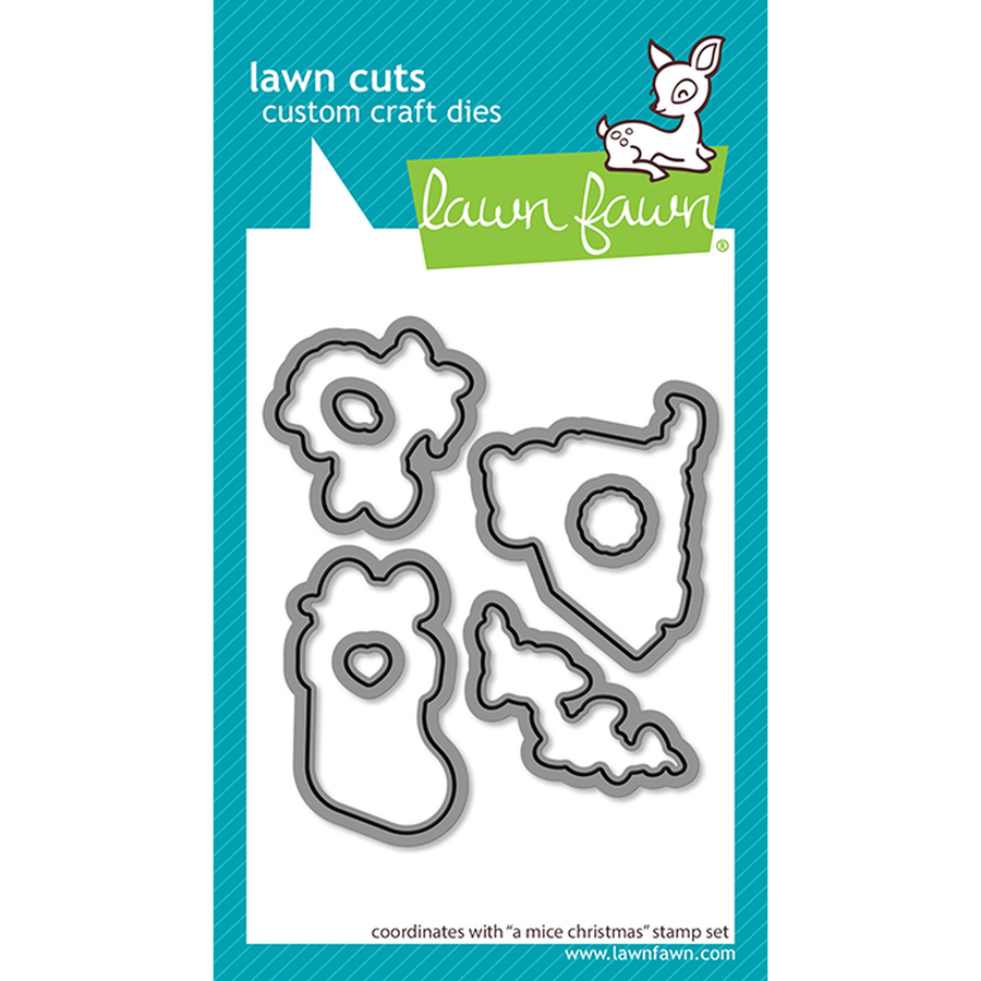 Lawn Fawn custom craft dies set in a white and teal retail card package, featuring four die-cut metal shapes for lawn and garden designs. Lawn Fawn A Mice Christmas Dies