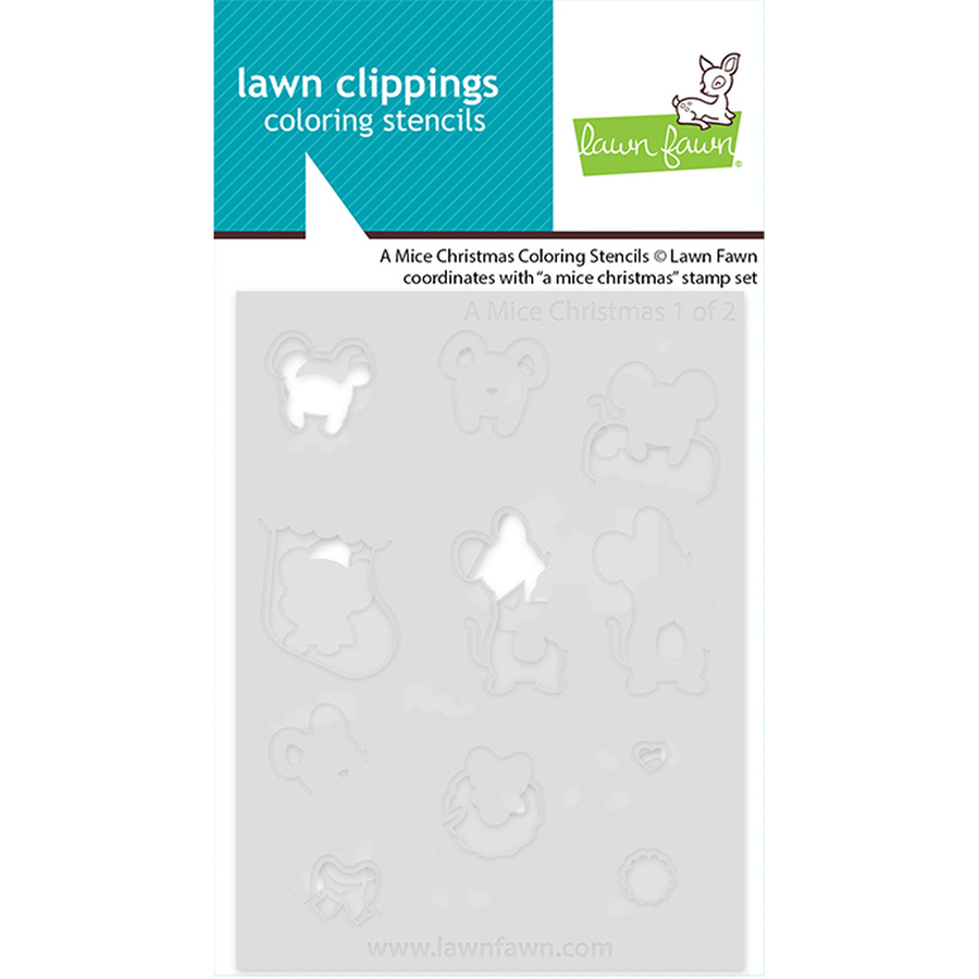 Lawn Fawn 'A Mice Christmas' coloring stencils package, showing a light gray stencil sheet with various animal and holiday-themed cutout shapes on a white background with teal and green branding. Lawn Fawn A Mice Christmas Coloring Stencils