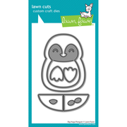 Lawn Fawn Big Hugs Penguin custom craft dies set, featuring a black metal penguin outline and two heart-shaped die pieces on a white card with a teal Lawn Fawn branded header.