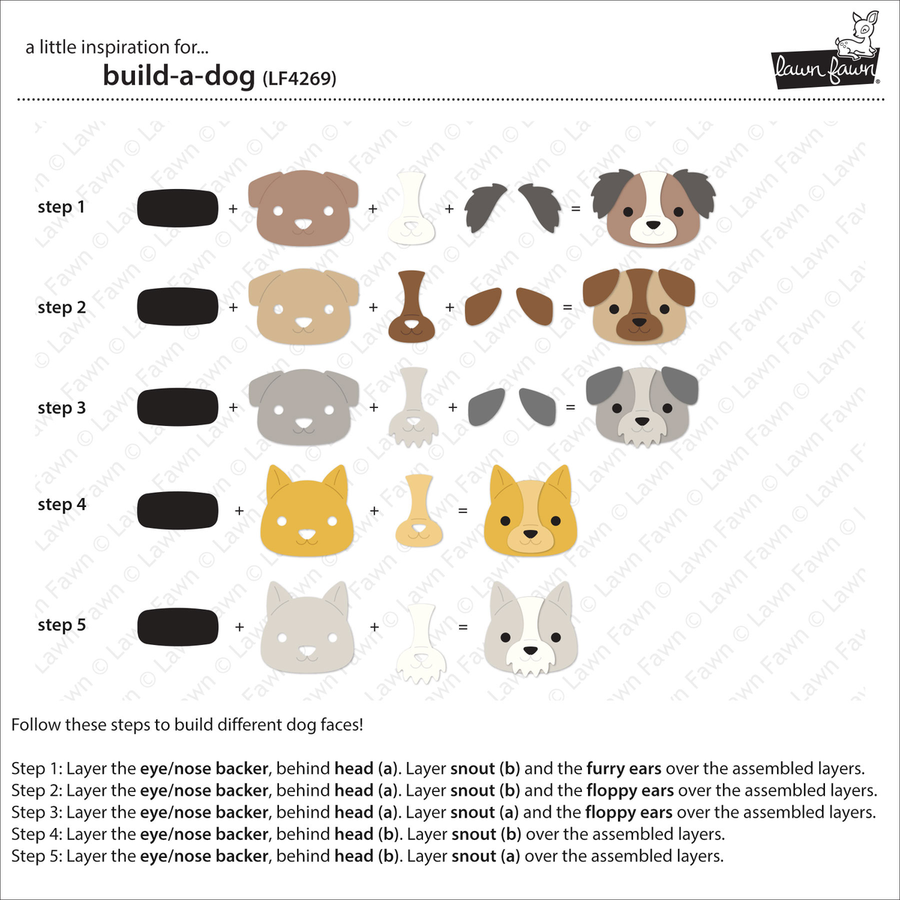 A step-by-step dog face drawing guide showing five stages of assembling different dog face layers, with text instructions and a small logo for Lawn Fawn' at the top. Lawn Fawn Build-A-Dog Dies
