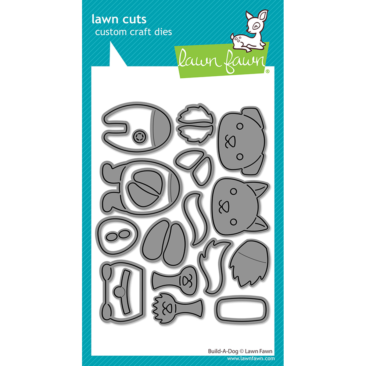 Lawn Fawn custom craft dies set in a teal and white retail card package, featuring multiple gray metal die shapes for creating dog-themed lawn cutout pieces. Lawn Fawn Build-A-Dog Dies