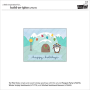 A product information card for a craft embellishment set titled 'build-an-igloo' by Lawn Fawn. The central graphic shows a festive igloo with snow, colorful ornaments, a penguin, and the text 'happy holidays'. Lawn Fawn Build-An-Igloo Dies
