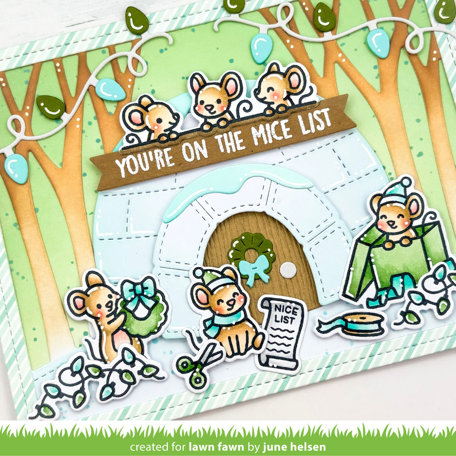 A handmade greeting card featuring a woodland mouse-themed design. The card shows a light blue igloo with a brown wooden door and a banner reading 'YOU'RE ON THE MICE LIST', surrounded by cute illustrated mice in winter clothing, green leaves, and striped borders.
