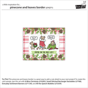 A printed card design sheet showing a cute holiday illustration of two mice in a pinecone and leaves border, with text reading 'YOU'RE ON THE MICE LIST!' and additional product reference text around it. Lawn Fawn Pinecone and Leaves Border Dies