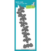 Lawn Fawn pinestone and leaves binder die set featuring a long leafy vine design and three pinecones, shown as a metal die cut template on a branded turquoise and white backing card. Lawn Fawn Pinecone and Leaves Border Dies