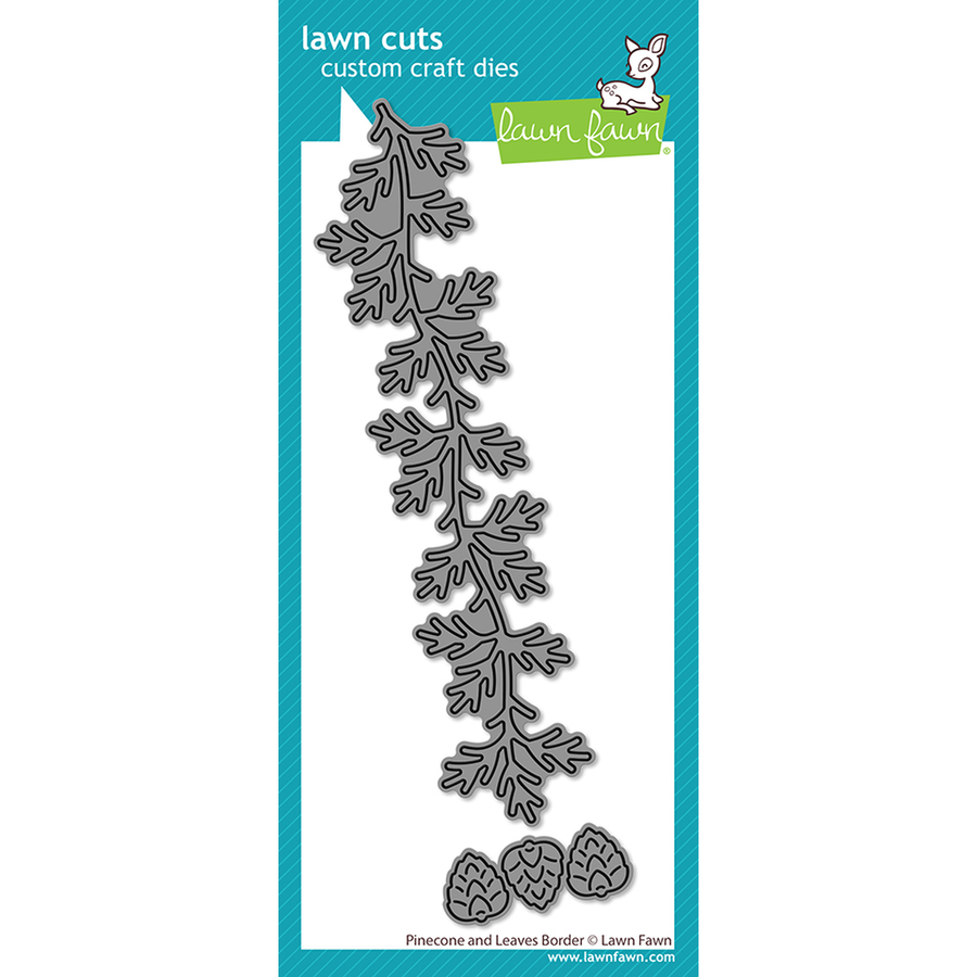Lawn Fawn pinestone and leaves binder die set featuring a long leafy vine design and three pinecones, shown as a metal die cut template on a branded turquoise and white backing card. Lawn Fawn Pinecone and Leaves Border Dies