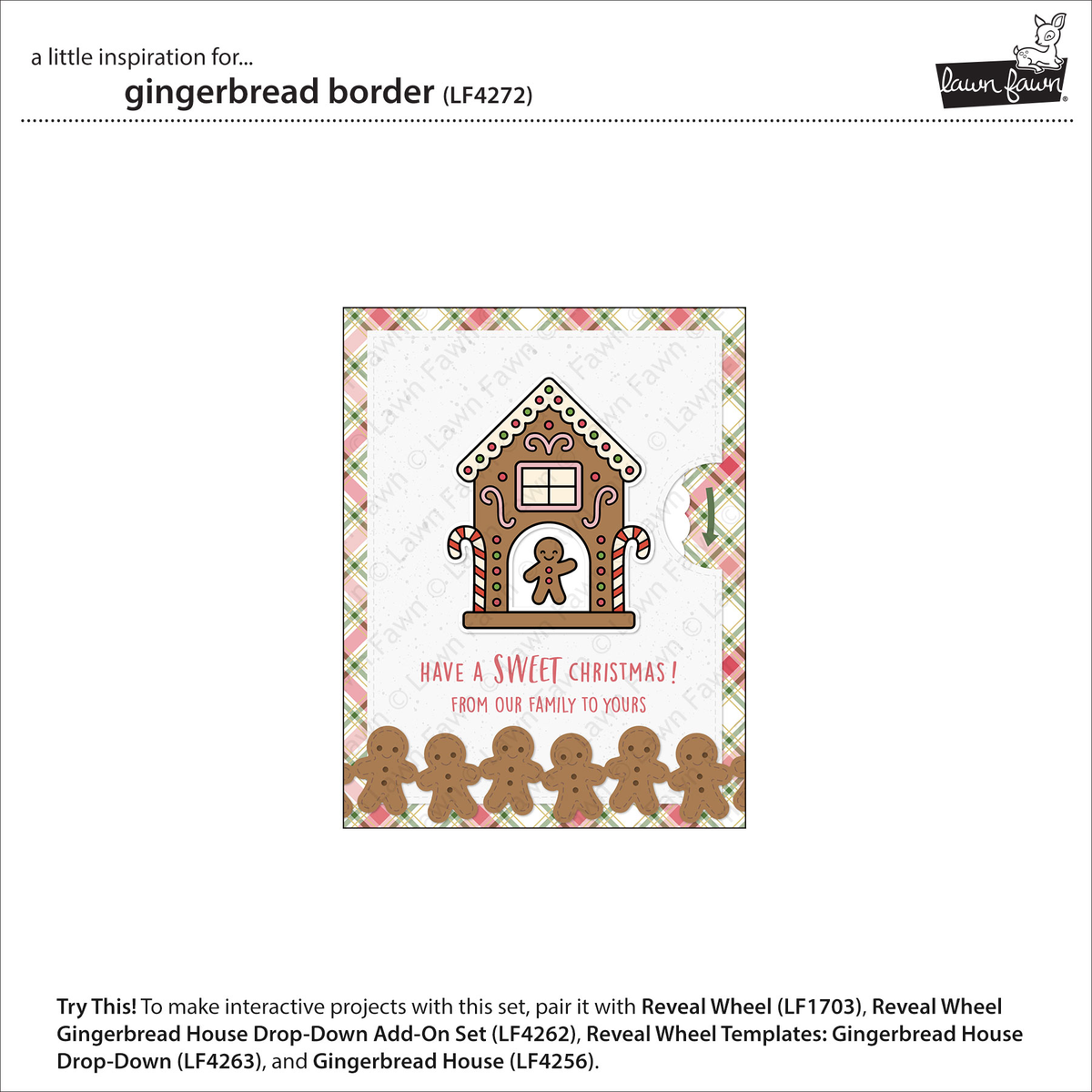 A product information card for a gingerbread border craft set by Lawn Fawn. The central panel shows a gingerbread house with a gingerbread man, red holiday text reading 'HAVE A SWEET CHRISTMAS!', and several gingerbread figures along the bottom, all framed by a plaid border. Lawn Fawn Gingerbread Border Dies