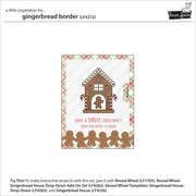 A product information card for a gingerbread border craft set by Lawn Fawn. The central panel shows a gingerbread house with a gingerbread man, red holiday text reading 'HAVE A SWEET CHRISTMAS!', and several gingerbread figures along the bottom, all framed by a plaid border. Lawn Fawn Gingerbread Border Dies