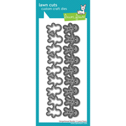 Lawn Fawn gingerbread man die set in a teal and white retail card package, showing multiple metal cutting dies arranged vertically. Lawn Fawn Gingerbread Border Dies